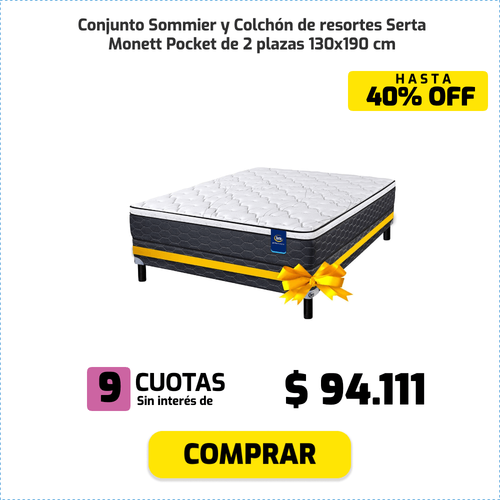 Conjunto Sommier y Colchón de resortes Serta Monett Pocket de 2 plazas 130x190 cm HASTA 40% OFF 9 CUOTAS Sin interés de $94,111 COMPRAR